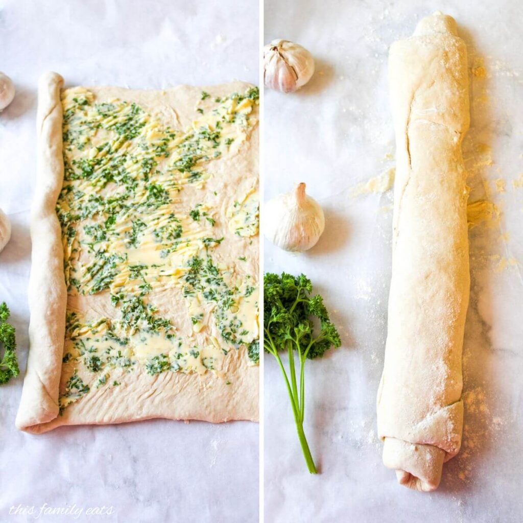 garlic herb spread on dough and rolled