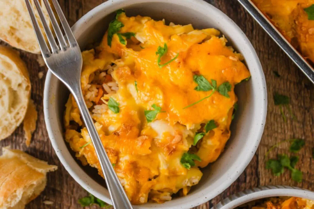 A bowl of cheesy casserole, perfect for budget friendly rice meals, topped with melted cheddar and parsley sits beside slices of bread on a rustic wooden table. A fork rests on the bowl.