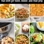 A collage of rice dishes including casseroles, stir-fries, bowls, and salads, with text reading Rice Recipes that work for lunch, dinner, and meal prep and the website ThisFamilyEats.com at the bottom.