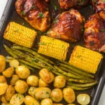 Sheet Pan BBQ Chicken Thighs with Baby Potatoes Green Beans Corn