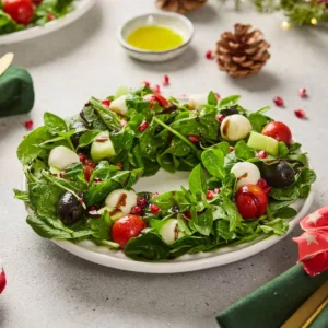 Christmas salad shaped like a wreath on a white plate