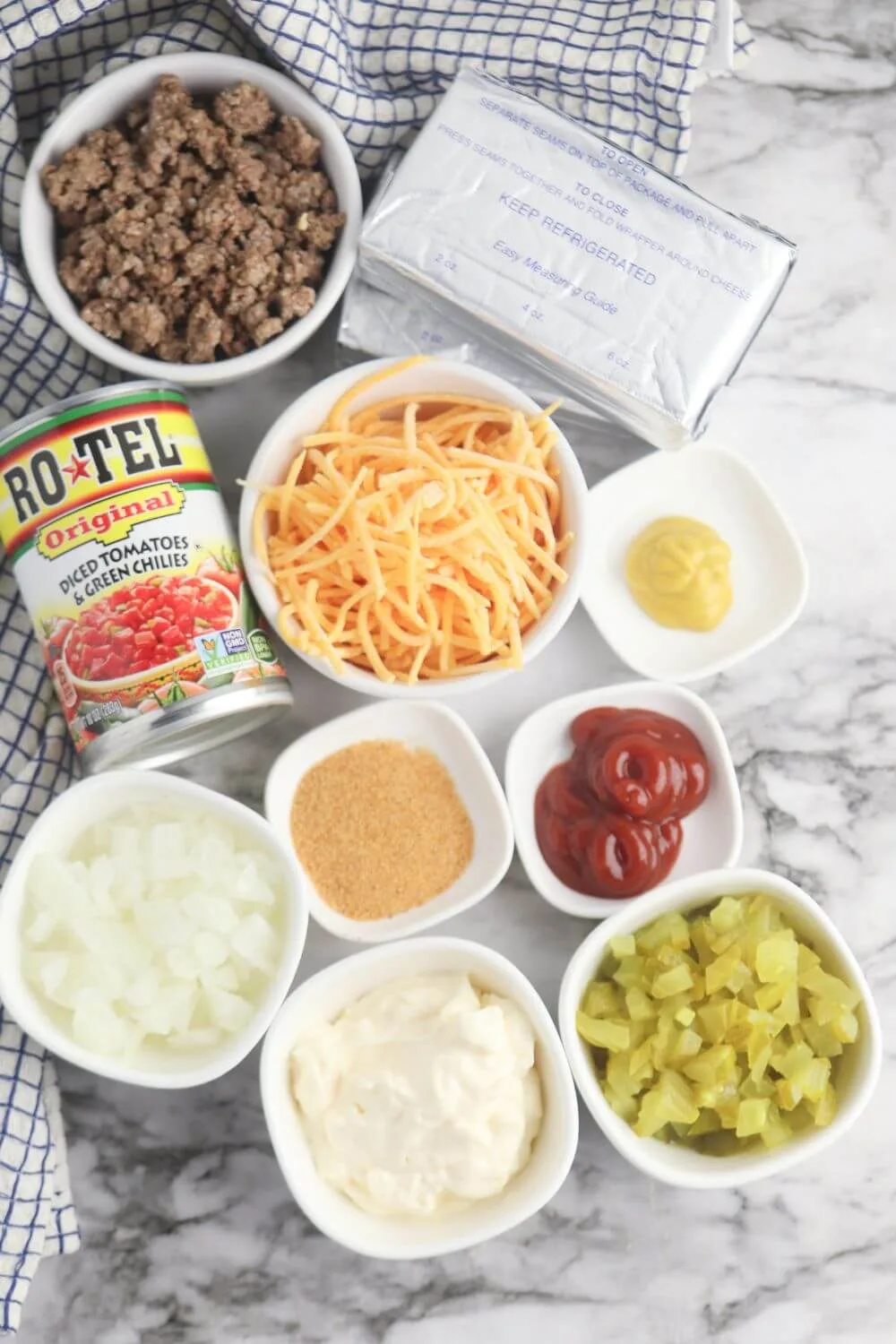 Picture of ingredients needed for the baked cheeseburger dip.