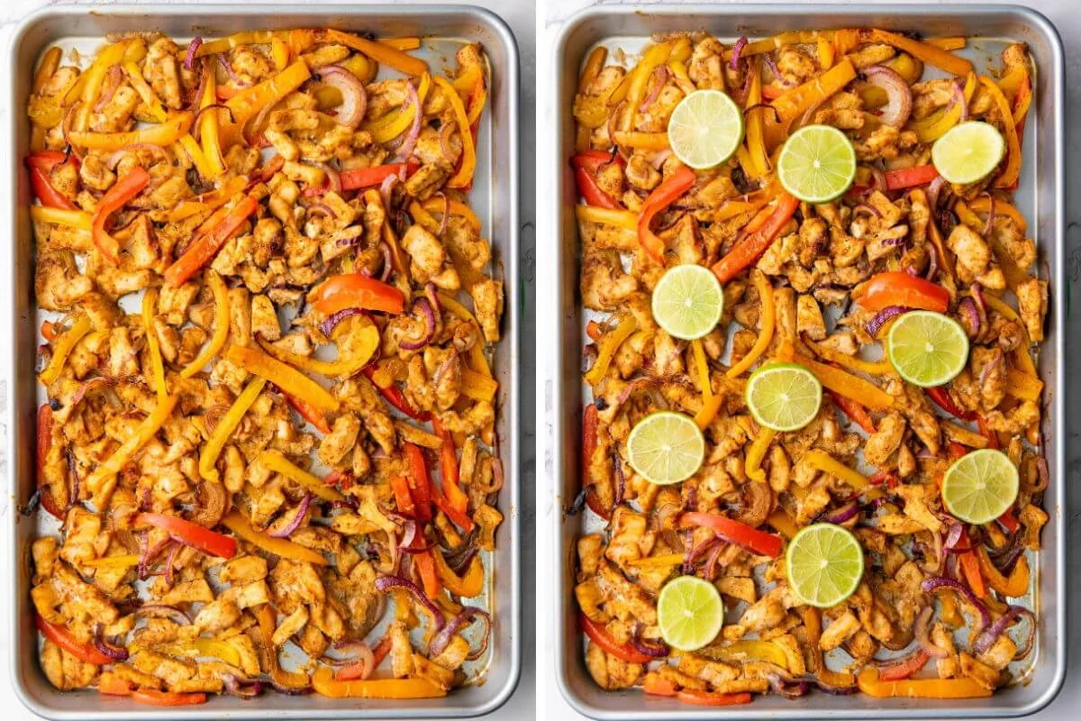 Image of chicken and peppers cooked on a baking sheet pan.