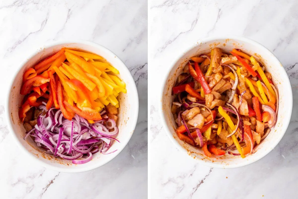 Steps showing sliced chicken, peppers, and onion all seasoned. 
