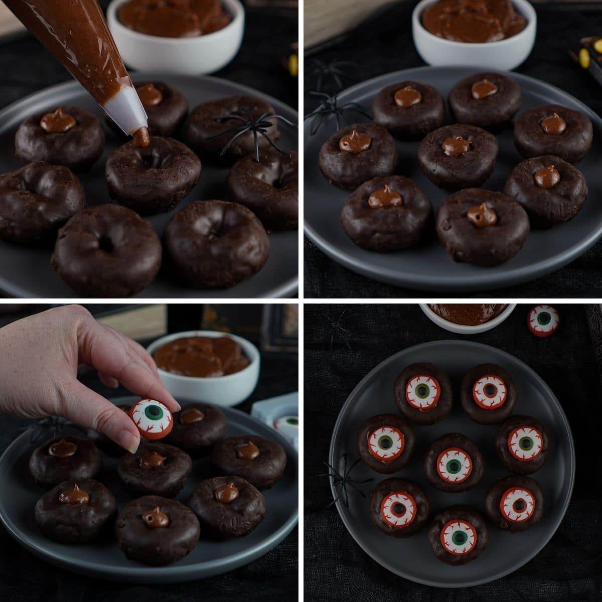 Four image collage showing how to make Halloween mini eyeball donuts.